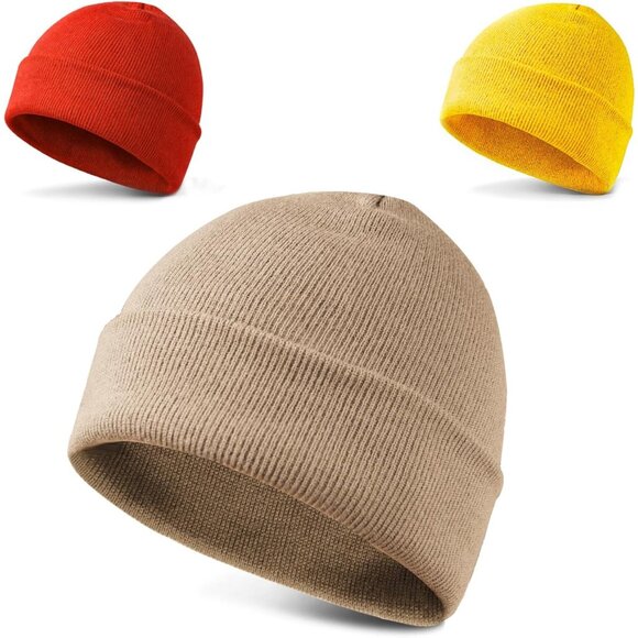 Men's 3-pack Red Beige Yellow Spring Summer Autumn Winter Slouchy Beanies Hats - Picture 1 of 9